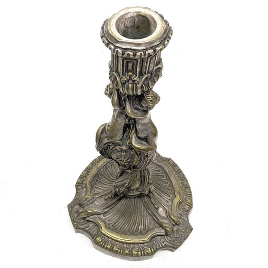 Pair Of Silver Bronze Candlesticks With Nineteenth Cherubs