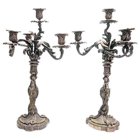 Pair Of Silver Bronze Candlesticks With Nineteenth Cherubs