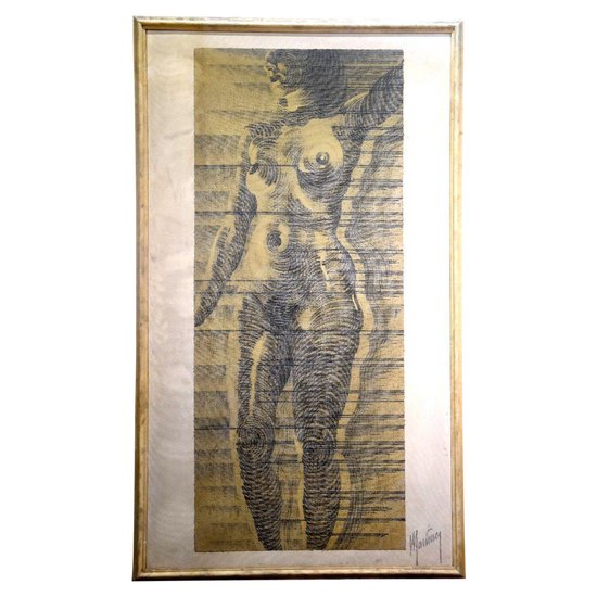 Grand Portrait De Femme Au Crayon Gras Années 60 Martinez