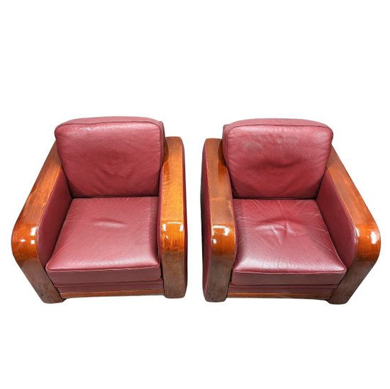 Poltrone Club in pelle Bordeaux Stile Art Déco (coppia)