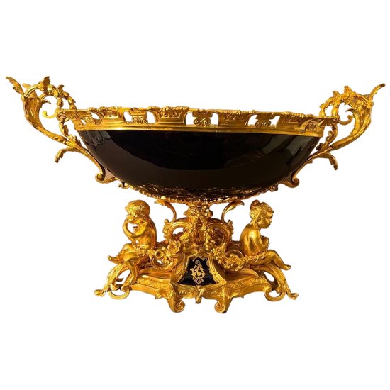 Centrotavola molto importante in bronzo dorato e blu di Sévres XIX Napoleone III in stile Luigi XV, rockery