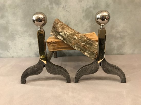 Pair Of Andirons 1970 In Iron, Bronze And Chromed Metal