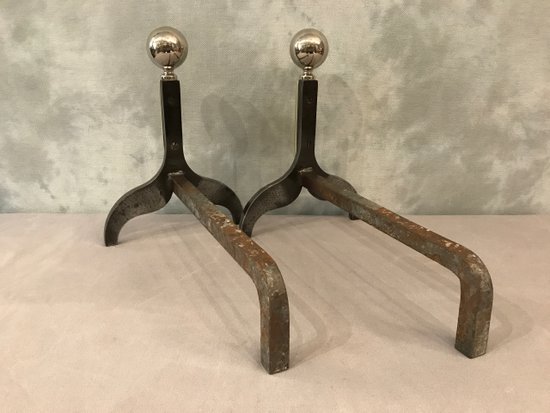 Pair Of Andirons 1970 In Iron, Bronze And Chromed Metal