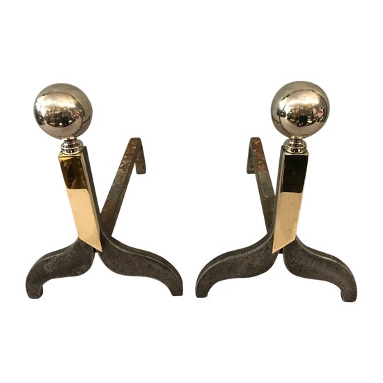 Pair Of Andirons 1970 In Iron, Bronze And Chromed Metal
