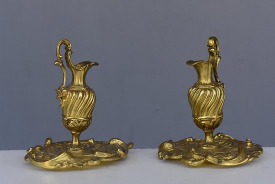 Pair Of Small Ewers In Decorative Gilt Bronze Late Nineteenth