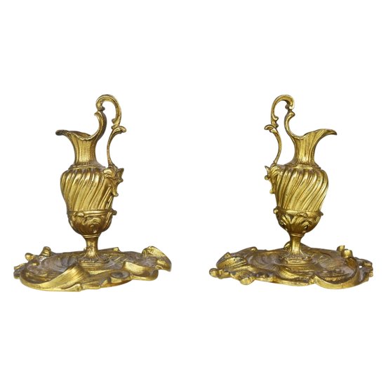 Pair Of Small Ewers In Decorative Gilt Bronze Late Nineteenth