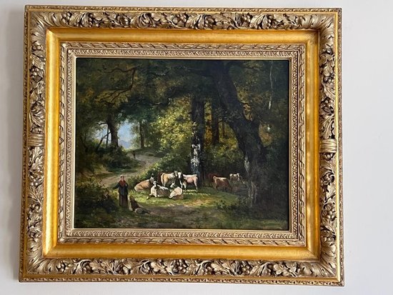 Tableau Huile sur Toile Peinture Vaches dans la Foret  XIXème.