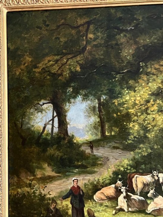Tableau Huile sur Toile Peinture Vaches dans la Foret  XIXème.