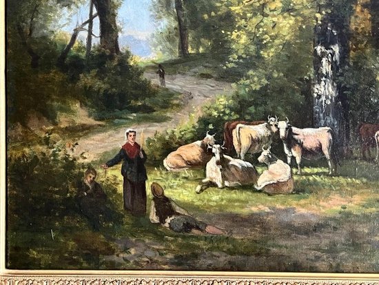 Tableau Huile sur Toile Peinture Vaches dans la Foret  XIXème.