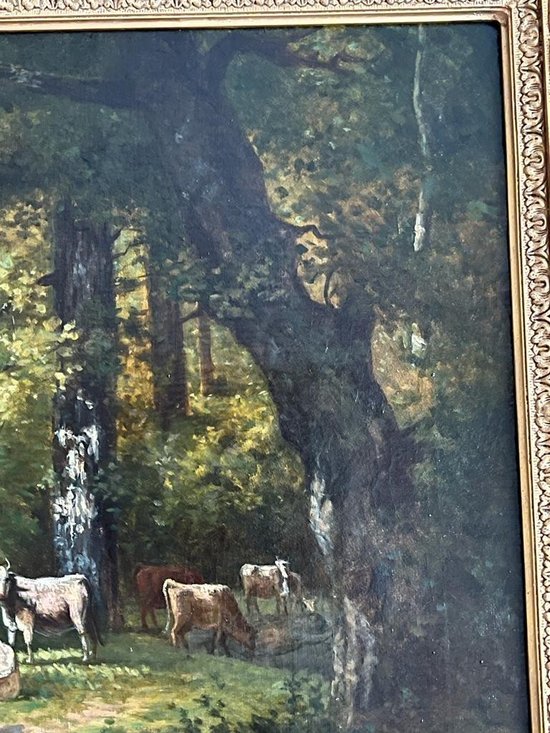 Tableau Huile sur Toile Peinture Vaches dans la Foret  XIXème.