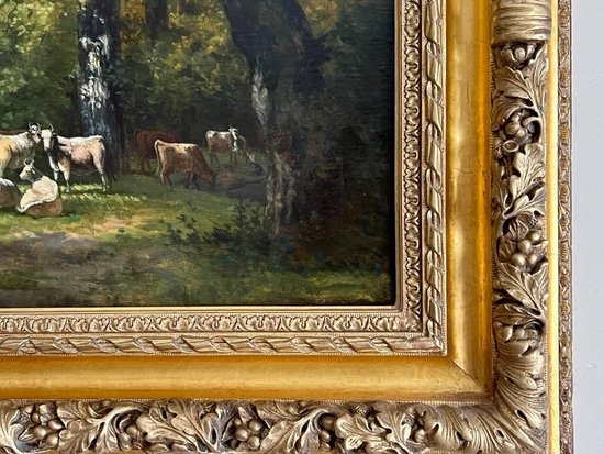 Tableau Huile sur Toile Peinture Vaches dans la Foret  XIXème.