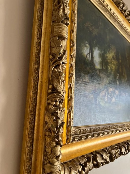 Tableau Huile sur Toile Peinture Vaches dans la Foret  XIXème.