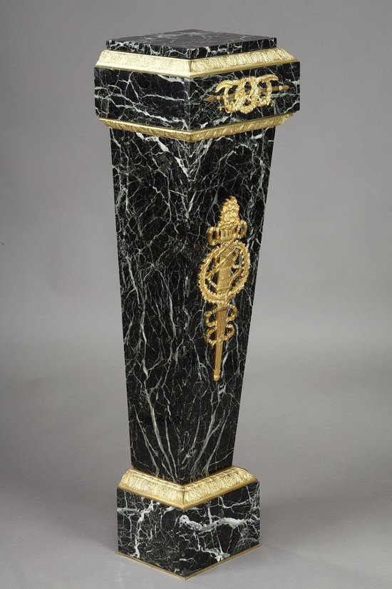 Column In Green Marble Veneer And Gilt Bronze Decor, Empire Style