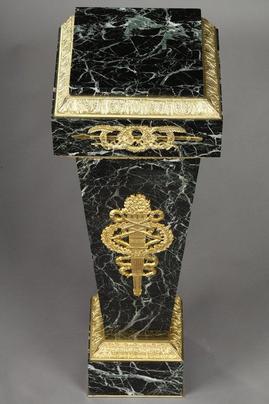 Column In Green Marble Veneer And Gilt Bronze Decor, Empire Style
