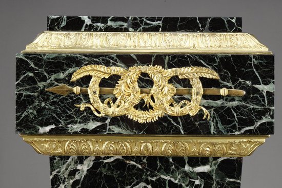 Column In Green Marble Veneer And Gilt Bronze Decor, Empire Style