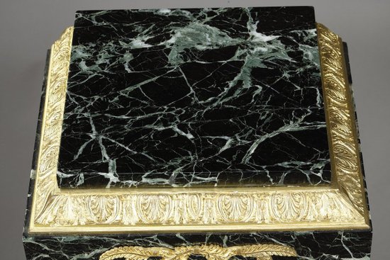 Column In Green Marble Veneer And Gilt Bronze Decor, Empire Style