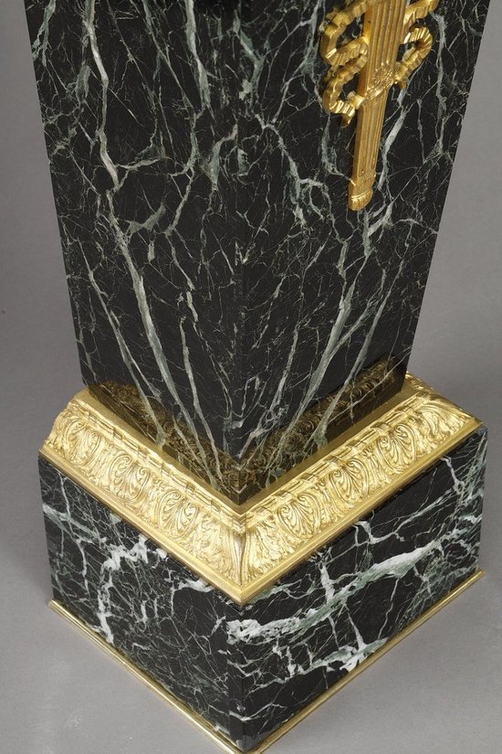 Column In Green Marble Veneer And Gilt Bronze Decor, Empire Style