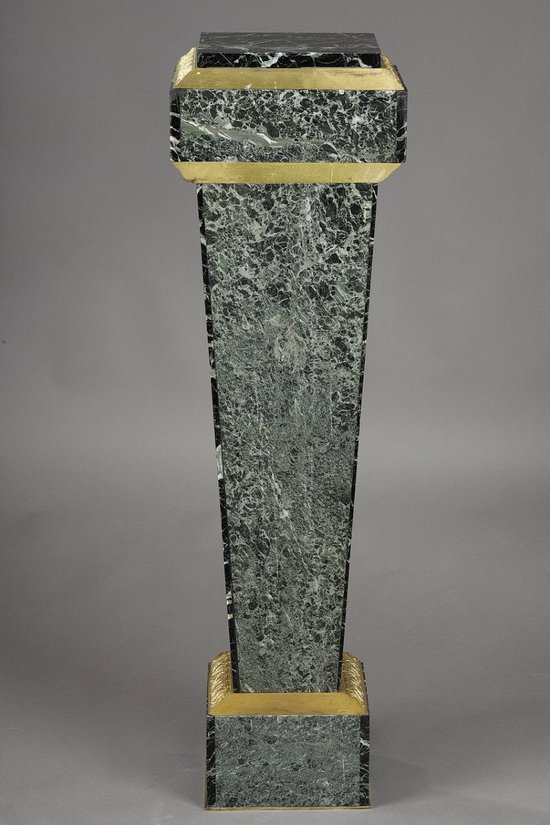 Column In Green Marble Veneer And Gilt Bronze Decor, Empire Style