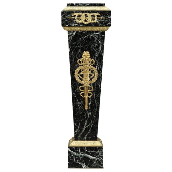 Column In Green Marble Veneer And Gilt Bronze Decor, Empire Style
