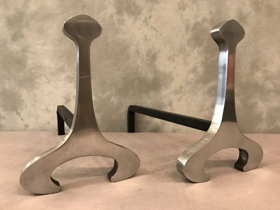 Pair Of Andirons In Brushed Steel By Jean Paul Creation Circa 1970