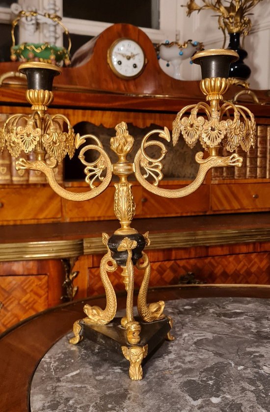XIX Th S, Pair Of Double Patina Bronze Candlesticks