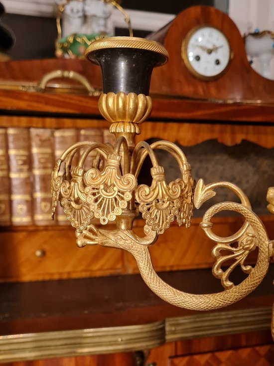 XIX Th S, Pair Of Double Patina Bronze Candlesticks