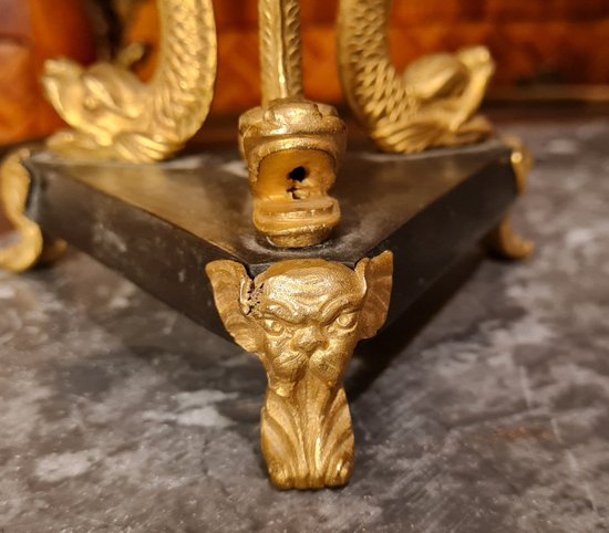 XIX Th S, Pair Of Double Patina Bronze Candlesticks