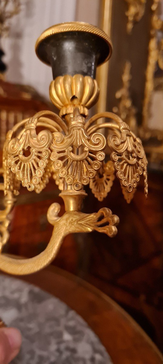 XIX Th S, Pair Of Double Patina Bronze Candlesticks