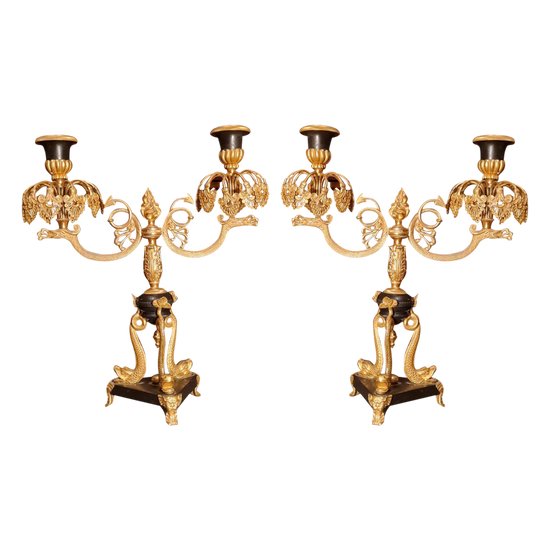 XIX Th S, Pair Of Double Patina Bronze Candlesticks