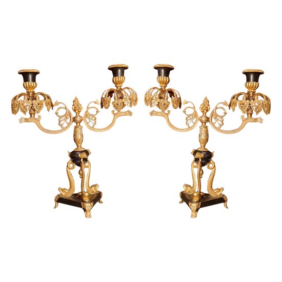 XIX Th S, Pair Of Double Patina Bronze Candlesticks