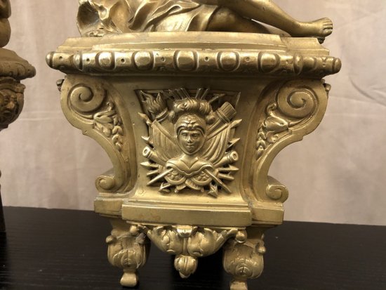 Paire de chenets ancien en bronze mat d'époque Régence 18 ème 