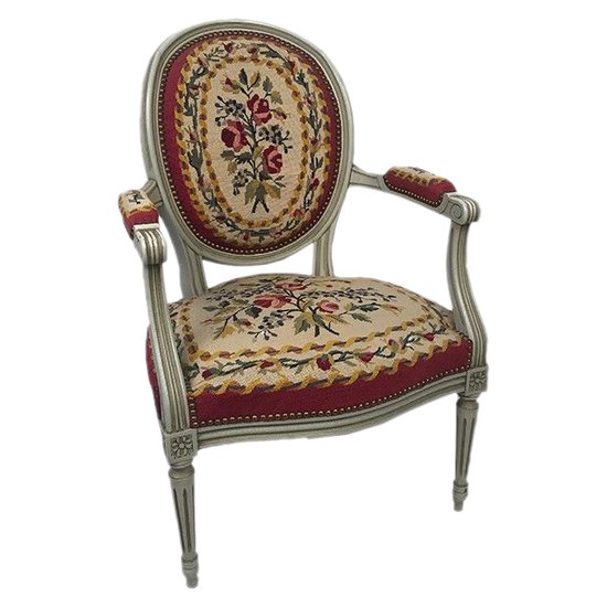 Louis XVI style armchair in gray lacquered wood, medallion backrest, upholstered with petit point tapestry