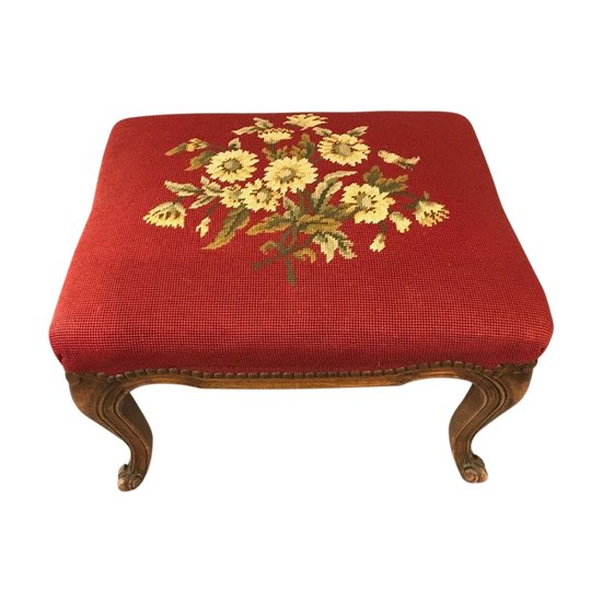 Louis XV style stool in beech wood covered with a tapestry of 20th century flowers