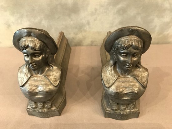 Pair of gray cast iron andirons, late 19th century