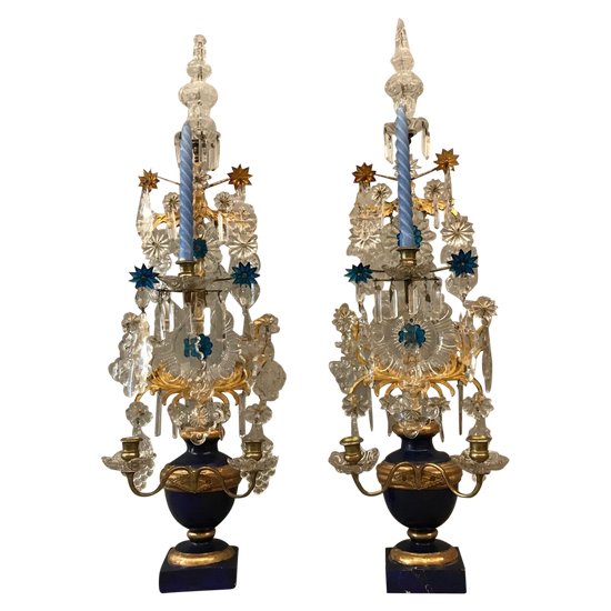 Beautiful pair of 19th century candelabra with crystals and wood