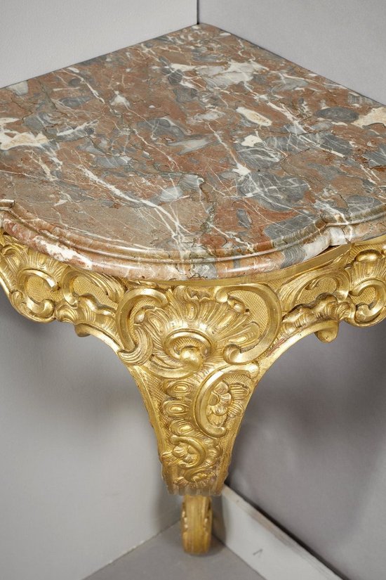 Console d'Angle De Style Louis XV En Bois Doré Et Plateau En Marbre Brèche, XIXe