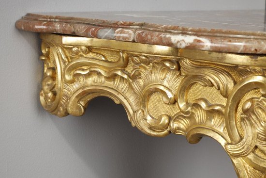 Console d'Angle De Style Louis XV En Bois Doré Et Plateau En Marbre Brèche, XIXe