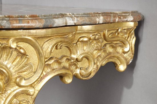 Console d'Angle De Style Louis XV En Bois Doré Et Plateau En Marbre Brèche, XIXe