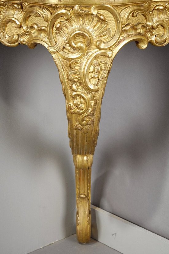 Console d'Angle De Style Louis XV En Bois Doré Et Plateau En Marbre Brèche, XIXe