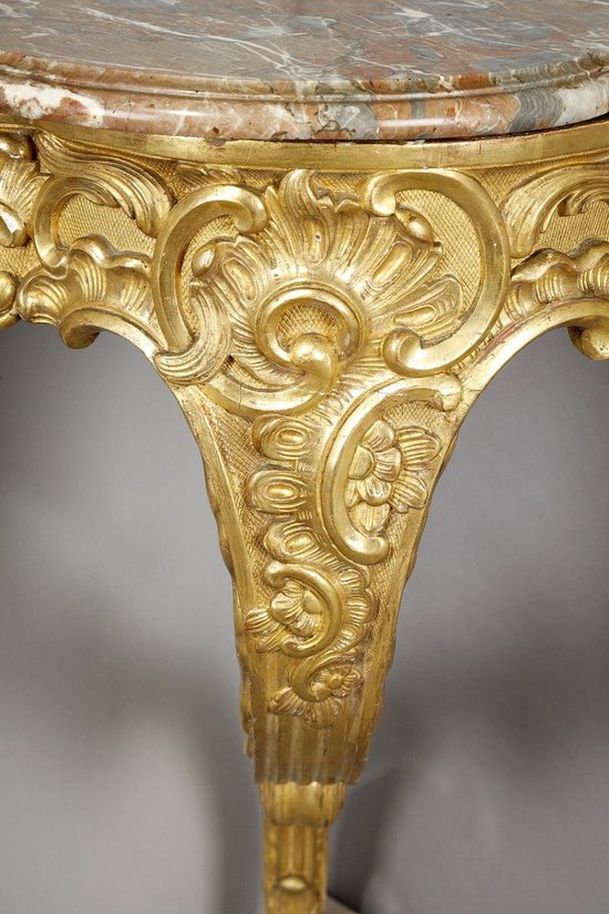 Console d'Angle De Style Louis XV En Bois Doré Et Plateau En Marbre Brèche, XIXe