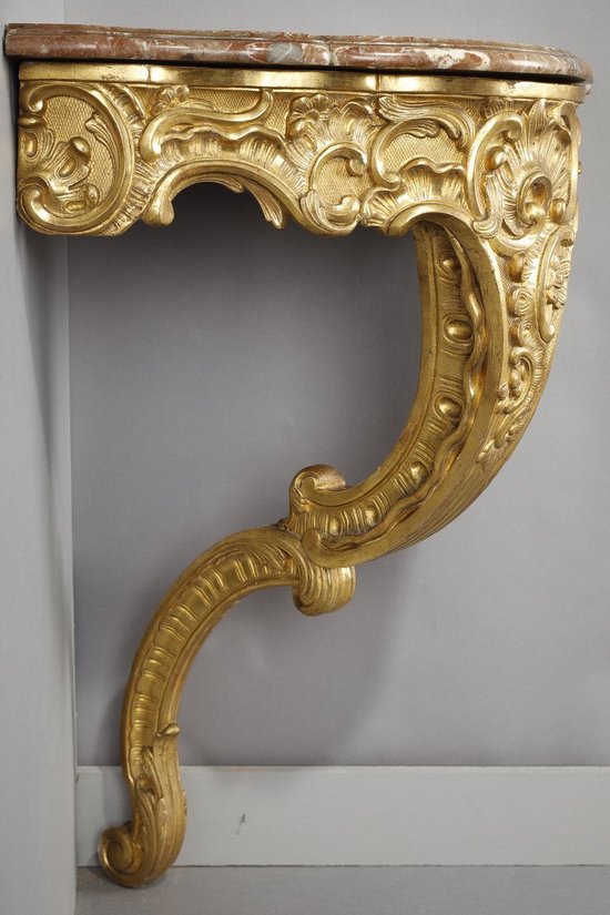 Console d'Angle De Style Louis XV En Bois Doré Et Plateau En Marbre Brèche, XIXe