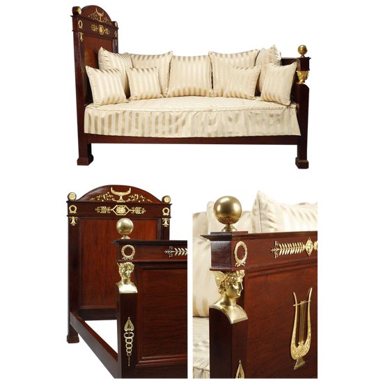 Empire Period Mahogany Sofa Bed Decorated With Lyre And Bust Of Mercury, 19th