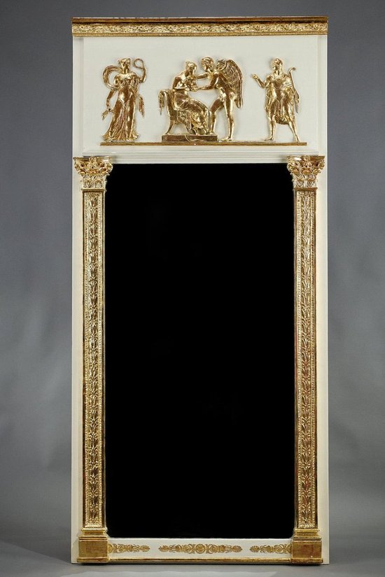 Grande specchio Trumeau in legno e stucco dorato di epoca Impero, XIX secolo