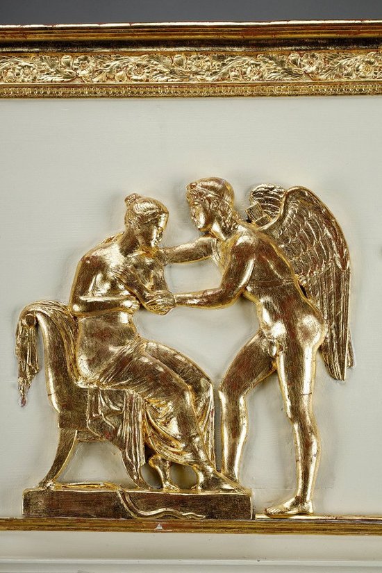 Grande specchio Trumeau in legno e stucco dorato di epoca Impero, XIX secolo