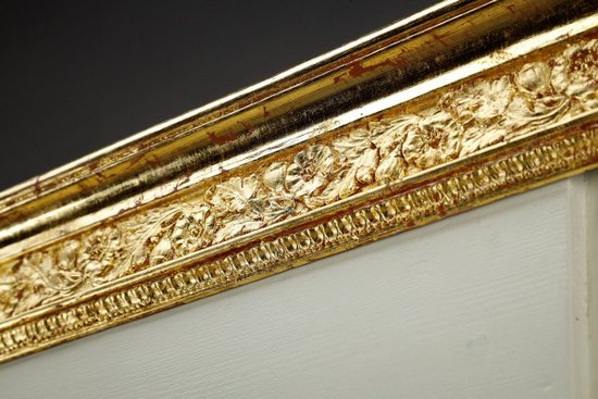 Grande specchio Trumeau in legno e stucco dorato di epoca Impero, XIX secolo