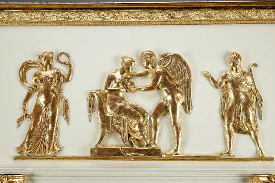 Grande specchio Trumeau in legno e stucco dorato di epoca Impero, XIX secolo