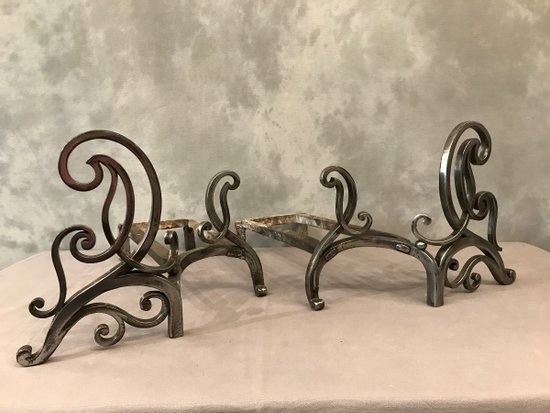 Pair Of 18 th C. Polished Iron Andirons