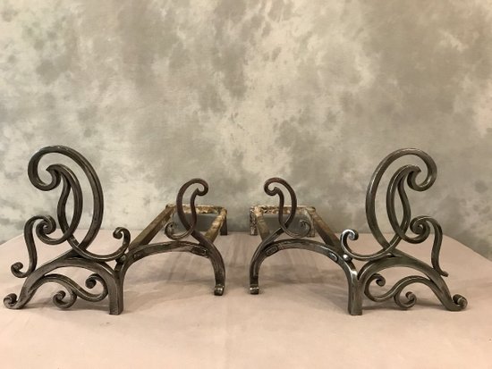 Pair Of 18 th C. Polished Iron Andirons
