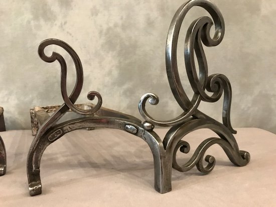 Pair Of 18 th C. Polished Iron Andirons