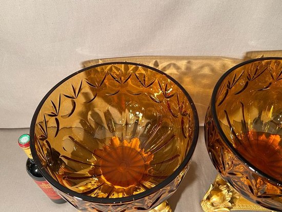 PAIR OF IMPORTANT BOHEMIAN CRYSTAL GOBLETS CUT SMOKED AND GILT BRONZE